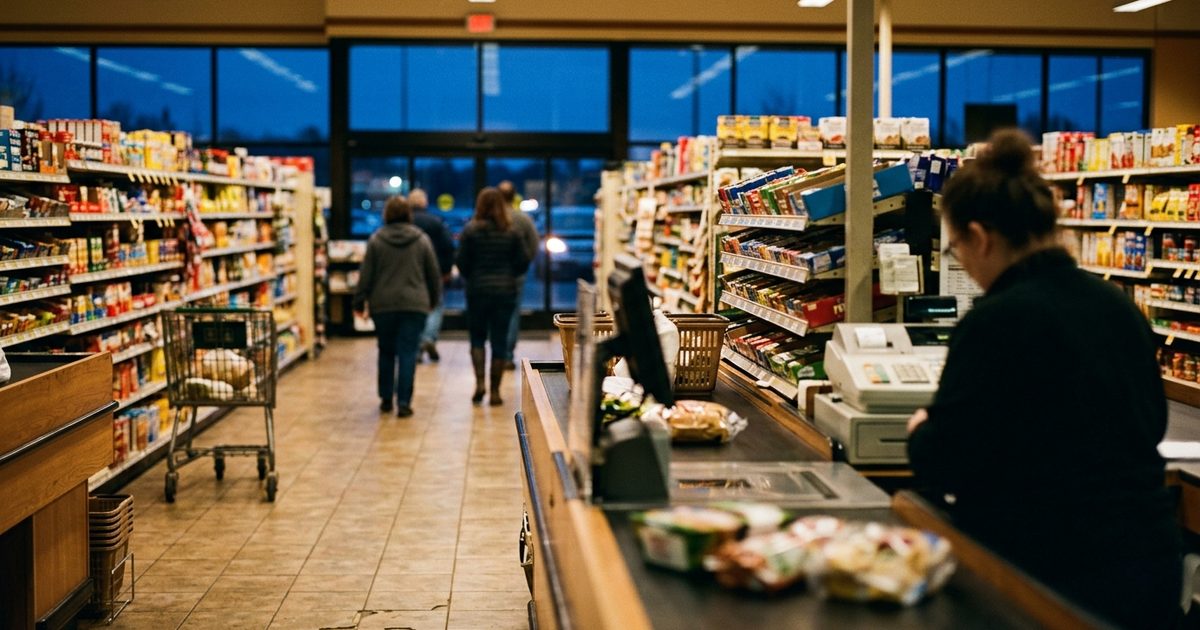 Interior de un supermercado al atardecer, con la caja en primer plano