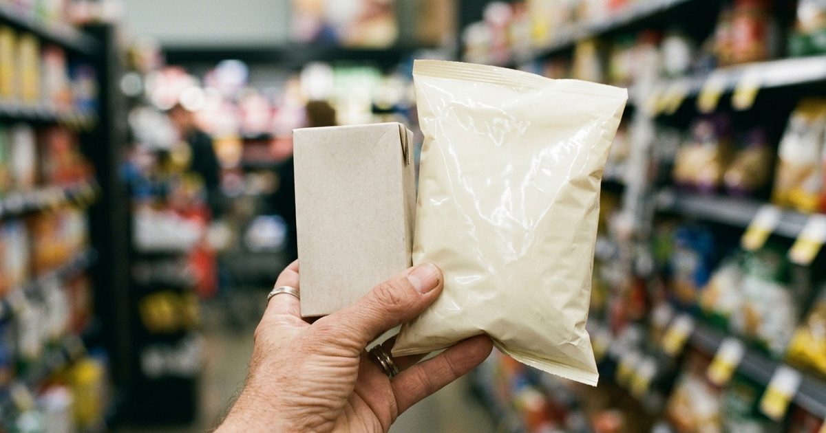 Mano comparando dos envases de distinto tamaño del mismo producto