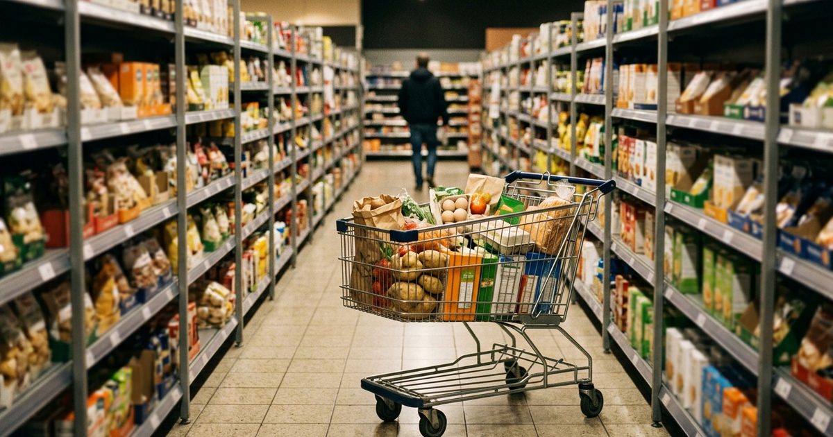 Carro de supermercado a medio llenar en un pasillo de abarrotes